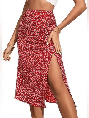 Amazon Red Floral Side-Slit Midi Skirt with White Ditsy Print